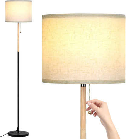 LALISU Bedroom Standing Floor Lamp with Linen Shade,White+ Wood Black Pole