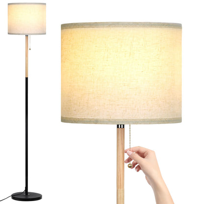 LALISU Bedroom Standing Floor Lamp with Linen Shade,White+ Wood Black Pole
