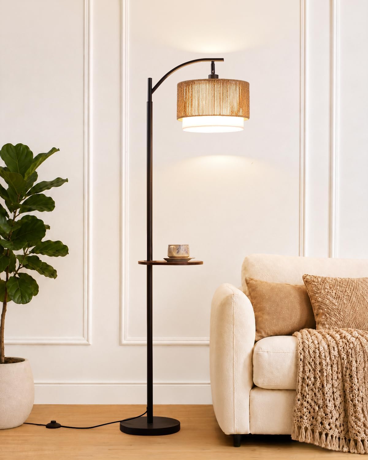 PESRAE Rattan Floor Lamp for Living Room, Farmhouse Arc Standing Lamp