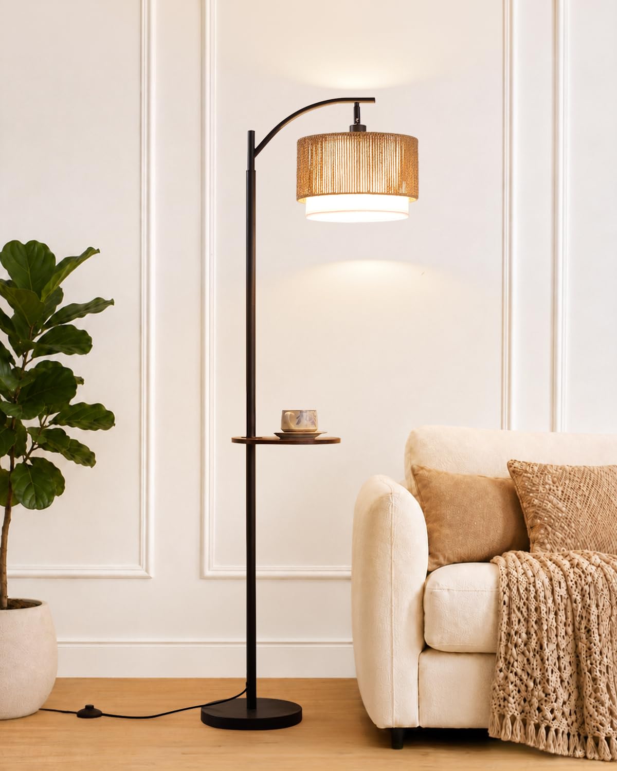 PESRAE Rattan Floor Lamp for Living Room, Farmhouse Arc Standing Lamp