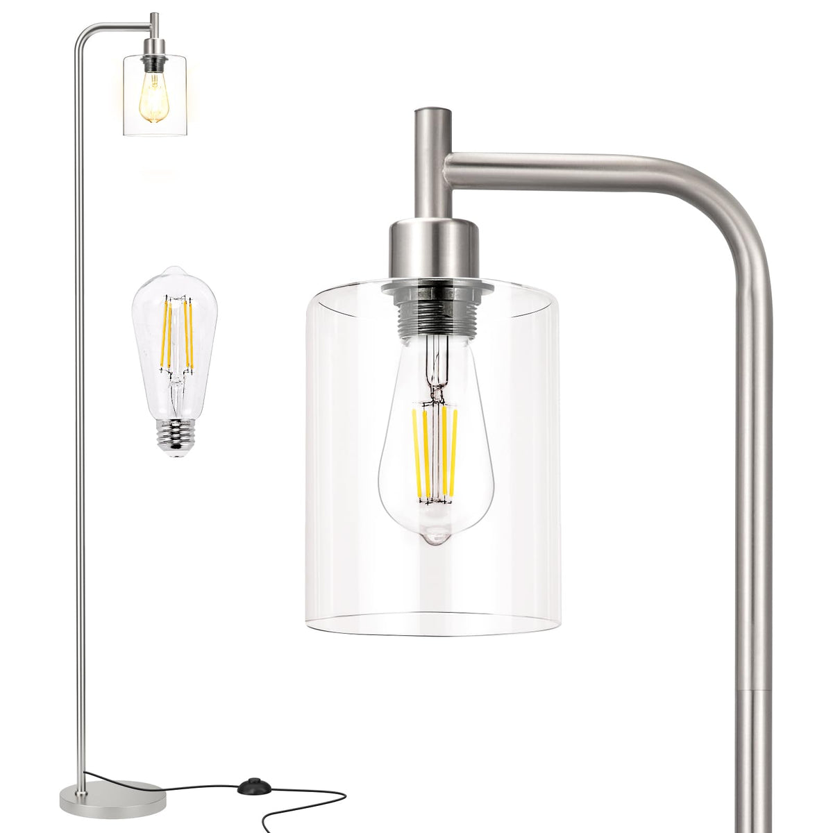 Ziisee Industrial Floor Lamp with Glass Shade - Black, LED Bulbs, Foot Pedal Switch, Easy Assembly
