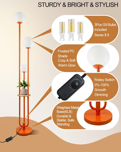 Lightdot 63IN Orange Floor Lamp with Shelf Mid Century Modern Tall Standing Lamps with 3000K Warm White Bulb Included Dimmable Globe Floor Lamp with 5Lbs Heavy Base for Living Room/Party/Corner Decor