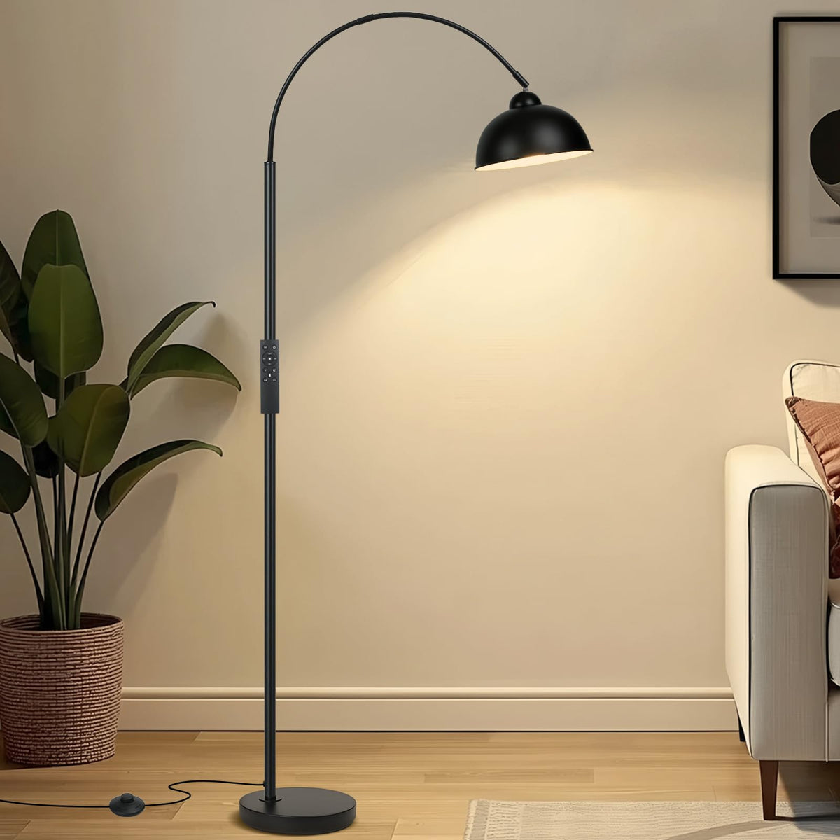 Modern Arc Floor Lamp with Remote Control 12W Stepless Dimmable Arched Standing Lamp,Adjustable Metal Hanging Shade,Tall Over the Couch Pole Light for Living Room, Bedroom, Office (Black)