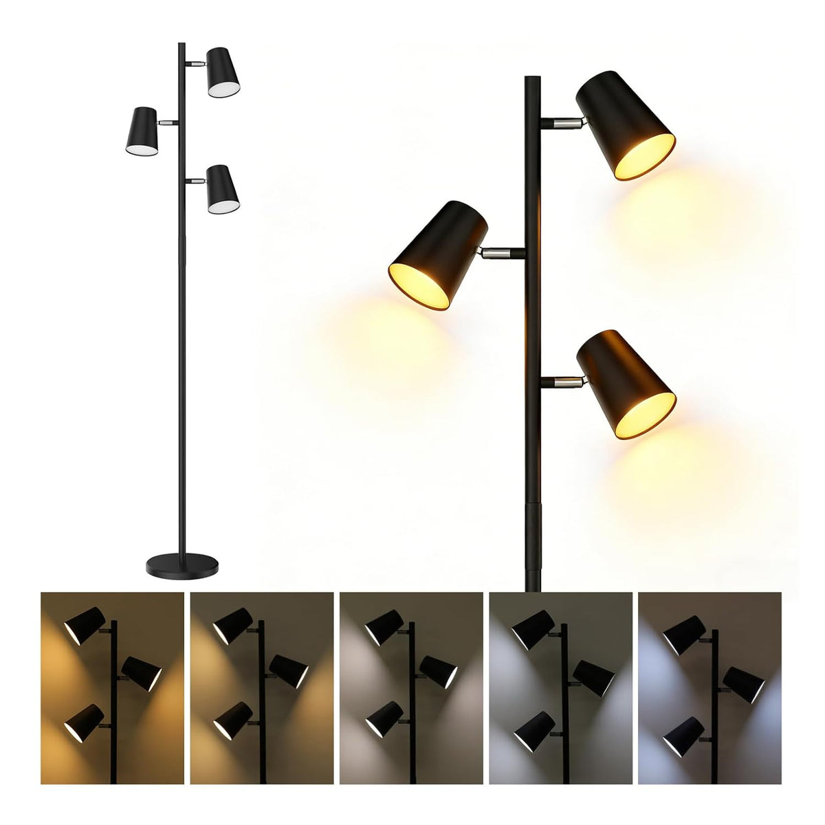 Energetic Dimmable Floor Lamp, Modern LED Tree Lamp, 5 Color Temperature, Standing Light with 3 Adjustable Head for Bedroom, Living Room, Office, ETL, 120V, Black, 1 Pack