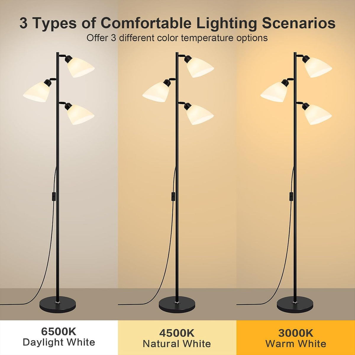 Black Modern Standing Lamp for Living Room,In‑line Push‑button Switch
