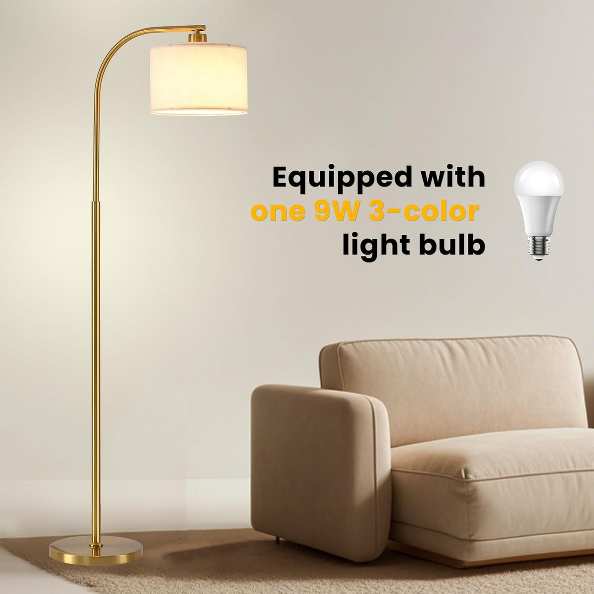 Tall Floor Lamp for Living Room,65'' Modern Standing Lamps with 9W LED Bulb,Elegant Floor Light with Fabric Shade,Gold Tall Lamp for Bedroom Office Study Room Corner Dining Room