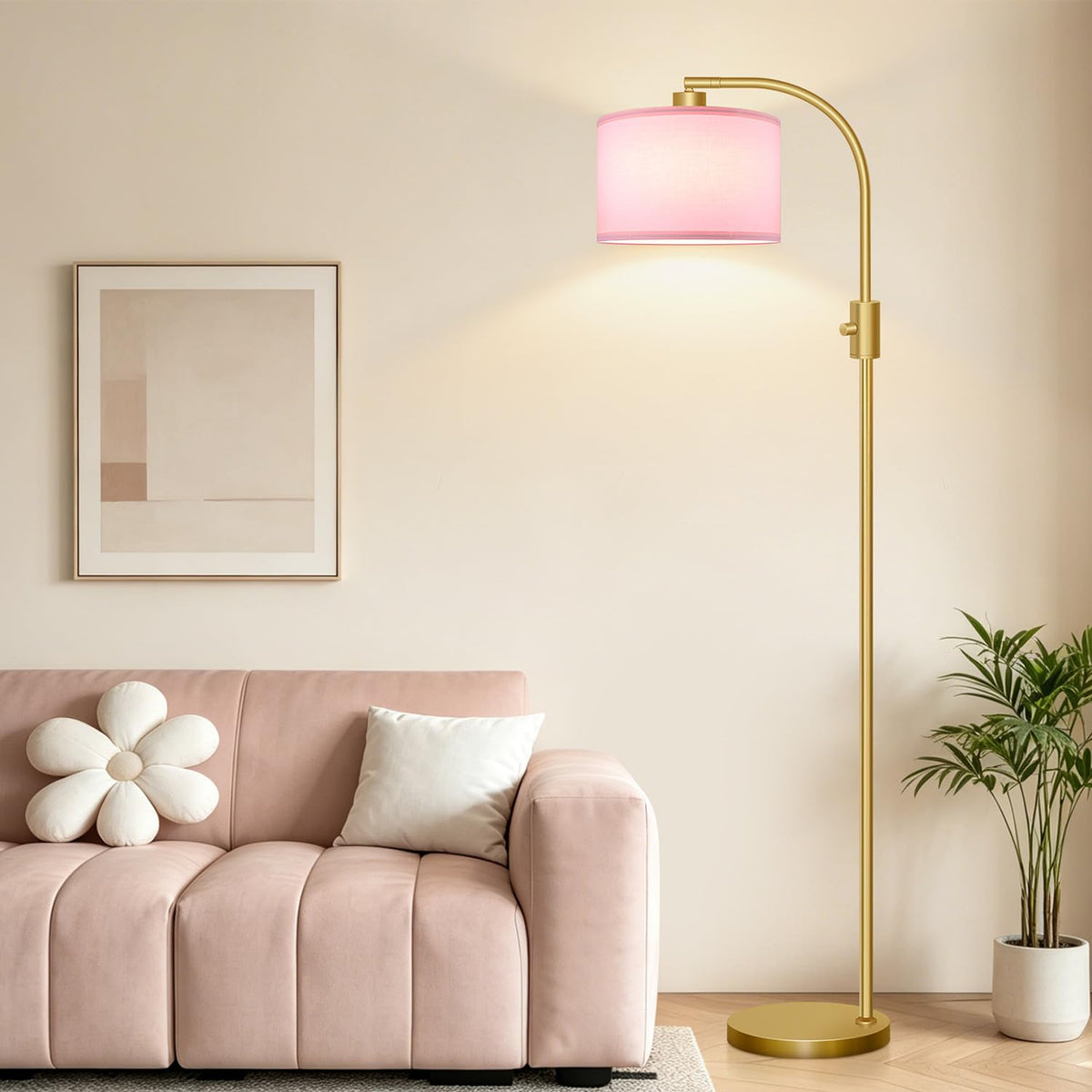 Nintiue Upgraded Modern Arc Dimmable Tall Standing Floor Lamp with Linen Shade, 1200 Lumens LED Bulb Included, for Living & Reading Room, Bedroom, Office & Nursery, Gold