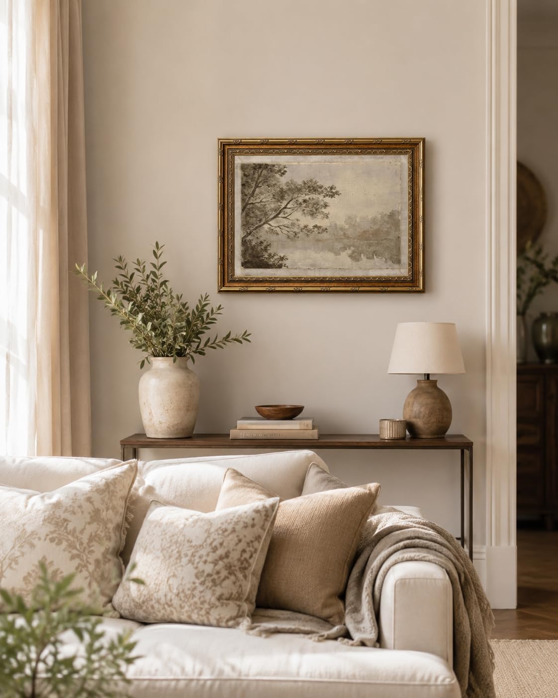 Gold Framed Sepia Lake Landscape Wall Art, Vintage Canvas Print 12x16