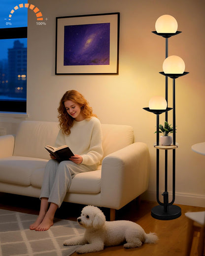 63IN Globe Floor Lamp with Table, 3-Lights Modern Dimmable Floor Lamps with 3000K Warm White Bulbs for Wedding/Party, Black Tall Standing Lamp with 5Lbs Heavy Base for Living Room/Bedroom