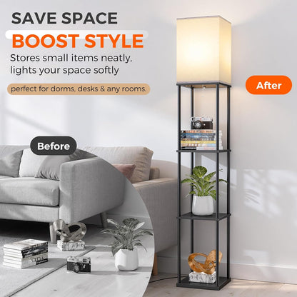 Floor Lamp with Shelves, 3-Tier Modern Square Bookshelf Standing Lamp Black