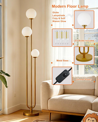 Lightdot 63IN Gold Floor Lamp Dimmable 3-Lights Globe LED Floor Lamps with 3000K Soft Warm White for Wedding/Party Tall Lamp with 5Lbs Heavy Base for Living Room/Bedroom/Sofa Beside/Corner Decor