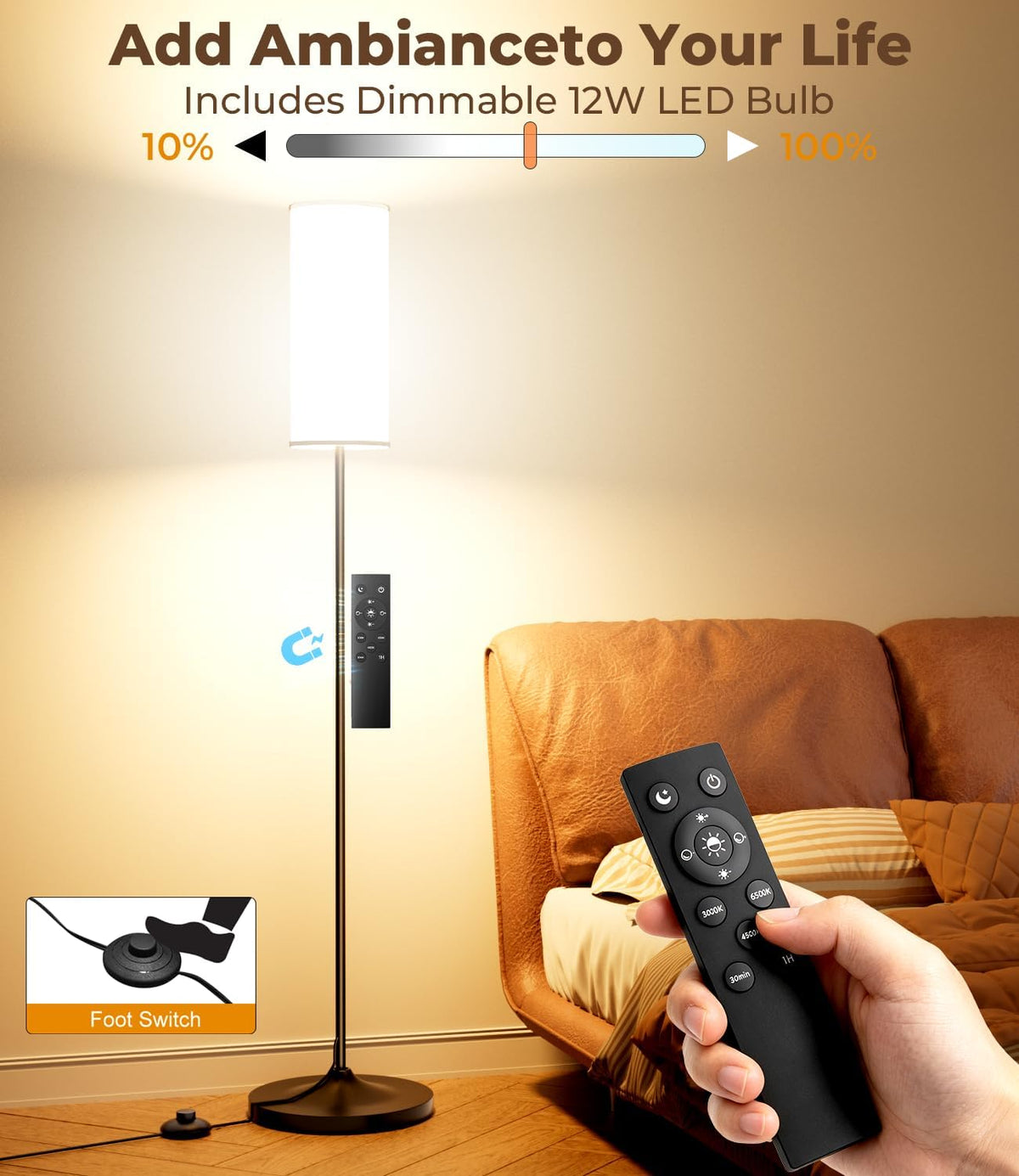 USTO Dimmable Floor Lamp with Remote,12W Led Bulb and Foot Switch, Black