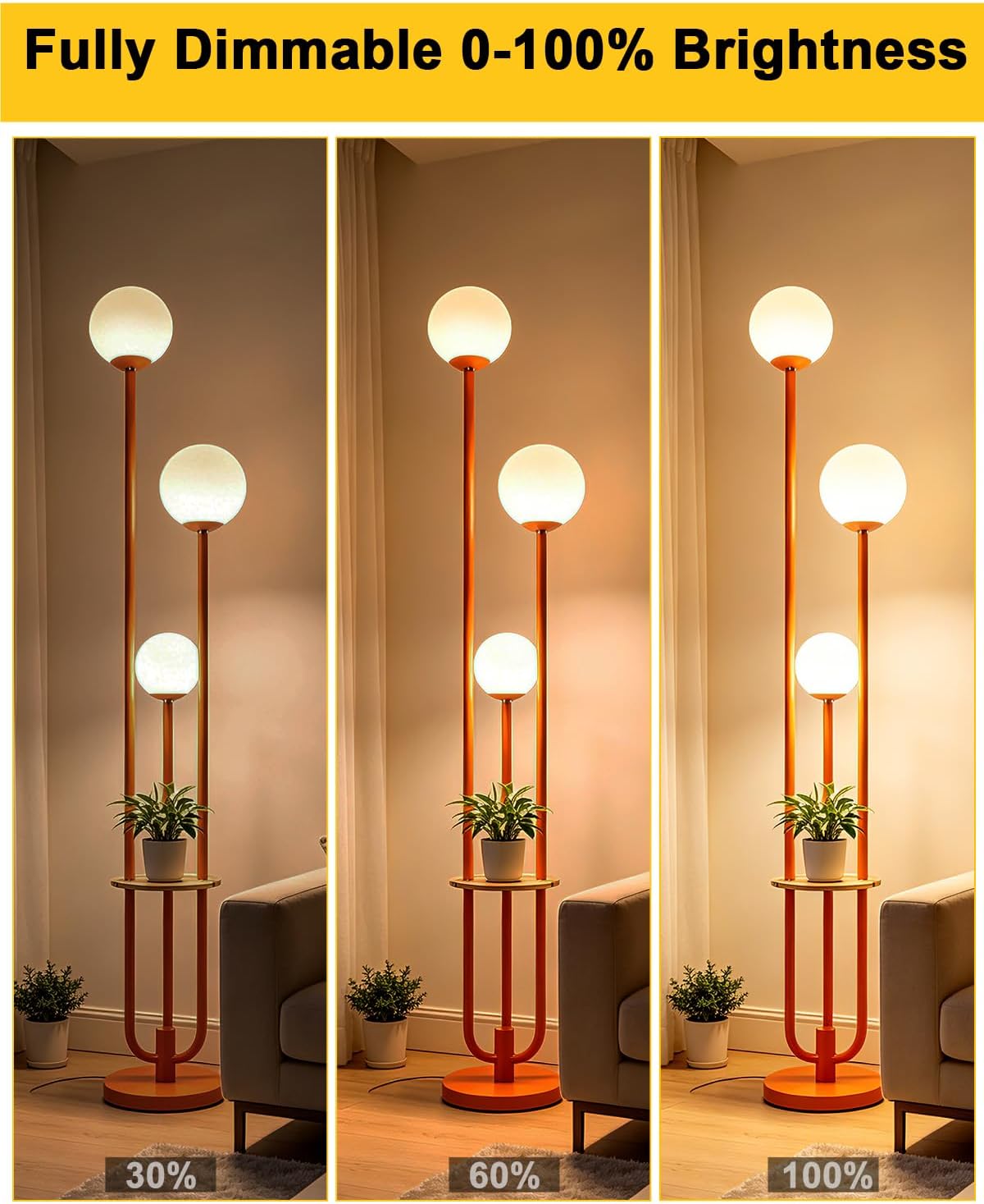 Lightdot 63IN Orange Floor Lamp with Shelf Mid Century Modern Tall Standing Lamps with 3000K Warm White Bulb Included Dimmable Globe Floor Lamp with 5Lbs Heavy Base for Living Room/Party/Corner Decor
