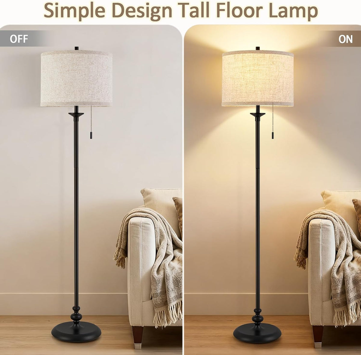 Luvkczc Black Floor Lamp, 60" Standing Lamp with Fabric Lampshade