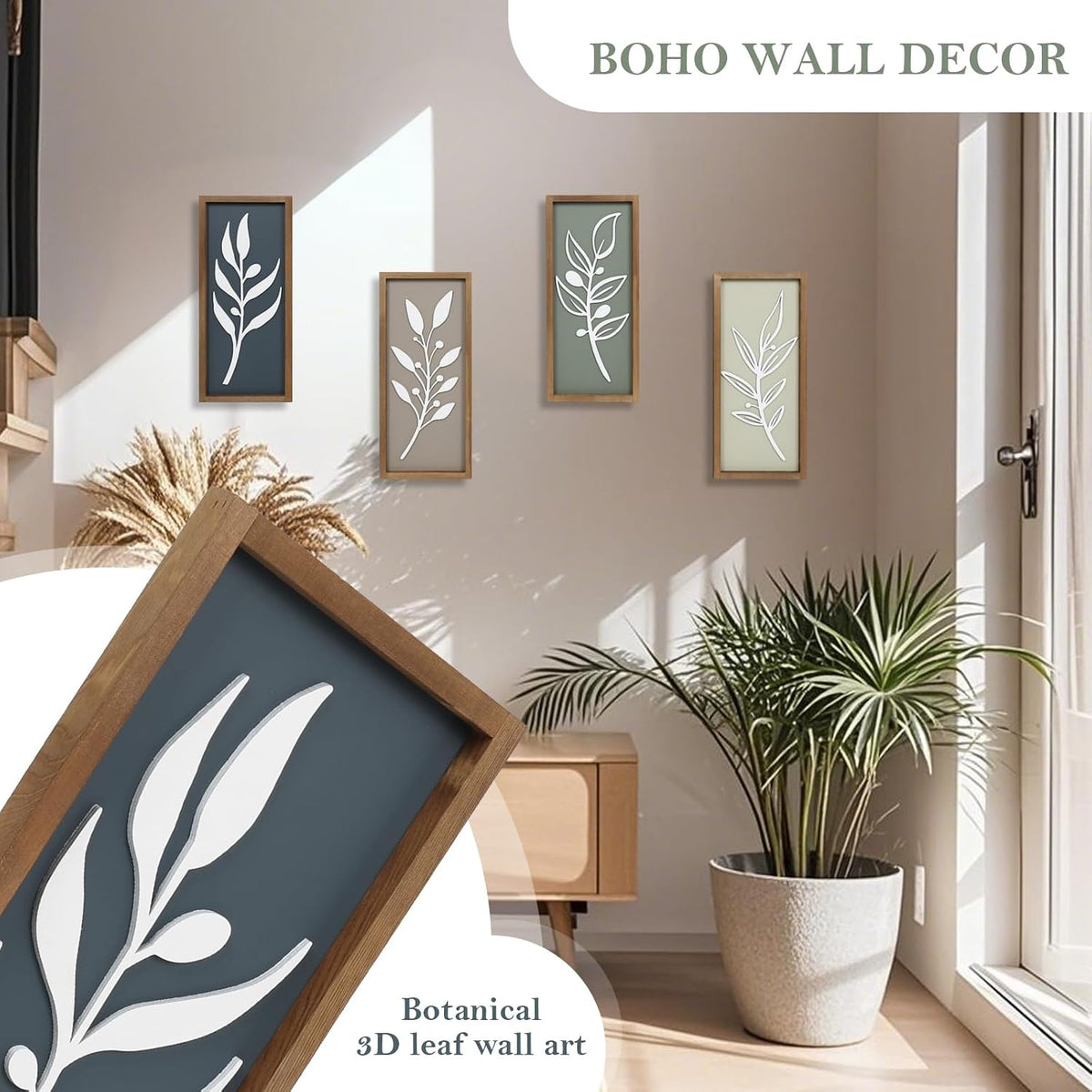 3D Tree Leaf Wooden Framed Boho Wall Art (Set of 4)