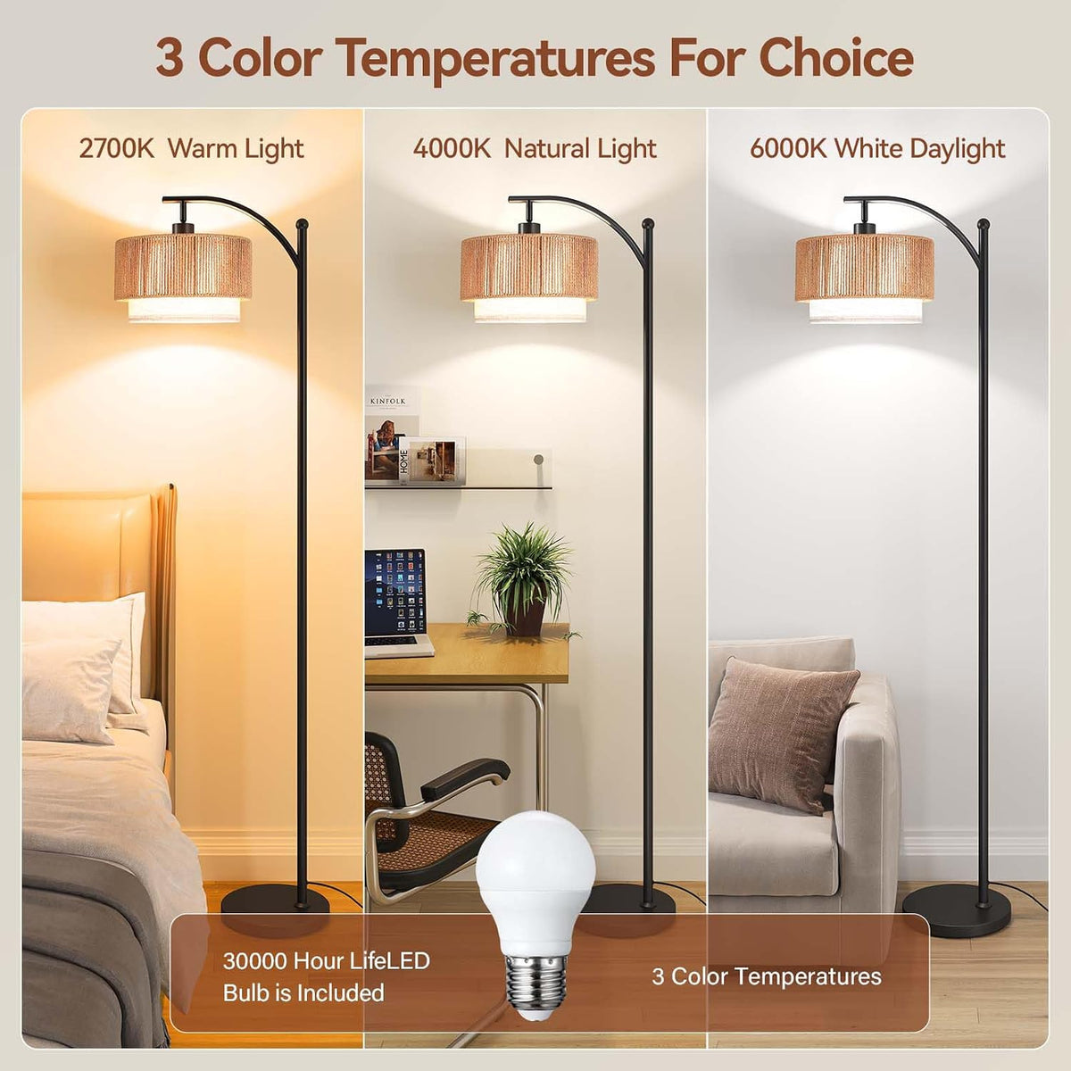 SUNMORY Arc Floor Lamps for Living Room, Rattan Standing lamp with 12W Bulb