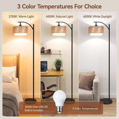 SUNMORY Arc Floor Lamps for Living Room, Rattan Standing lamp with 12W Bulb