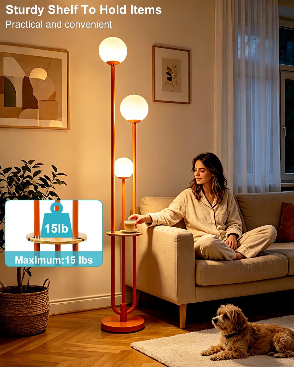 Lightdot 63IN Orange Floor Lamp with Shelf Mid Century Modern Tall Standing Lamps with 3000K Warm White Bulb Included Dimmable Globe Floor Lamp with 5Lbs Heavy Base for Living Room/Party/Corner Decor