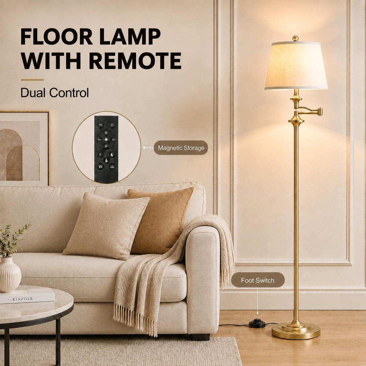 Wio-Mio Vintage Gold Floor Lamp, 350° Adjustable Swing Arm for Living Room