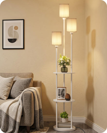 70.9" Floor Lamp with Shelves, Modern Floor Lamp with 3 Linen Shades and Foot Switch, 3-Light Standing Lamp, for Living Room, Bedroom, Study, Office, Rustic Brown and Beige EF53LD05