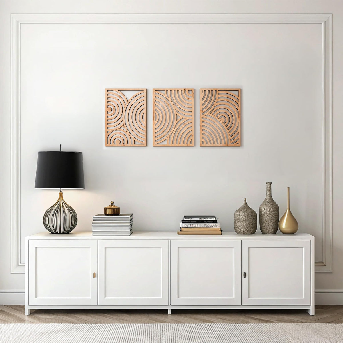 qmmp Modern Wooden Wall Sculptures - Set of 3 - Home Decor Accent - Large Wall Art for Living Room, Bedroom, Office - Easy Installation (Oak, Medium - Mountain and Sun)
