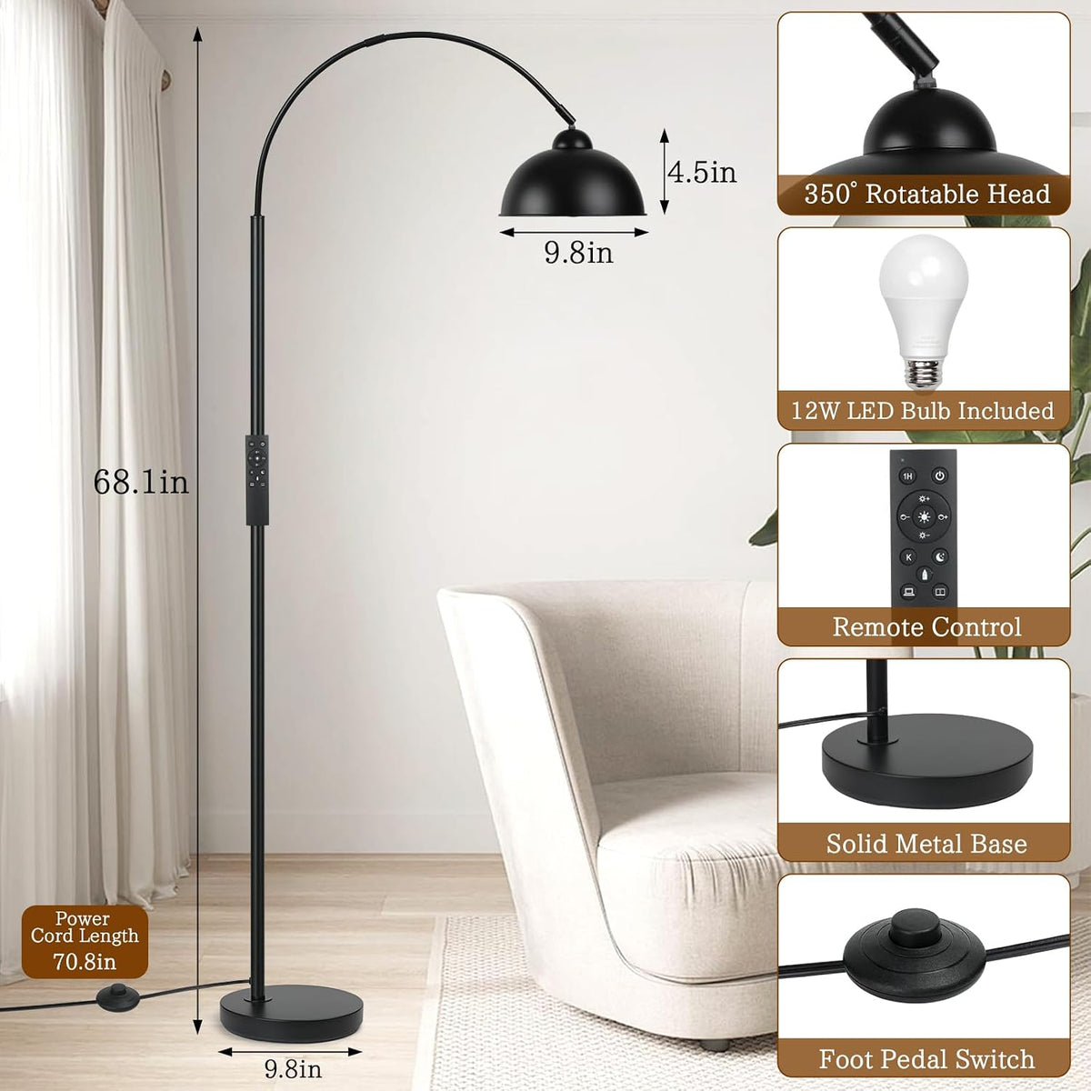 Modern Arc Floor Lamp with Remote Control 12W Stepless Dimmable Arched Standing Lamp,Adjustable Metal Hanging Shade,Tall Over the Couch Pole Light for Living Room, Bedroom, Office (Black)