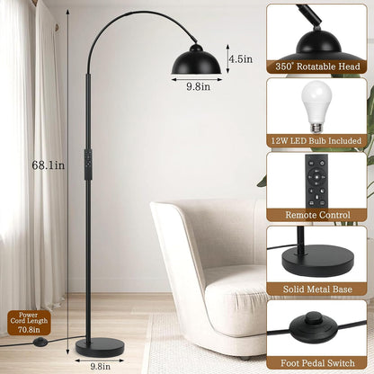 Modern Arc Floor Lamp with Remote Control 12W Stepless Dimmable Arched Standing Lamp,Adjustable Metal Hanging Shade,Tall Over the Couch Pole Light for Living Room, Bedroom, Office (Black)