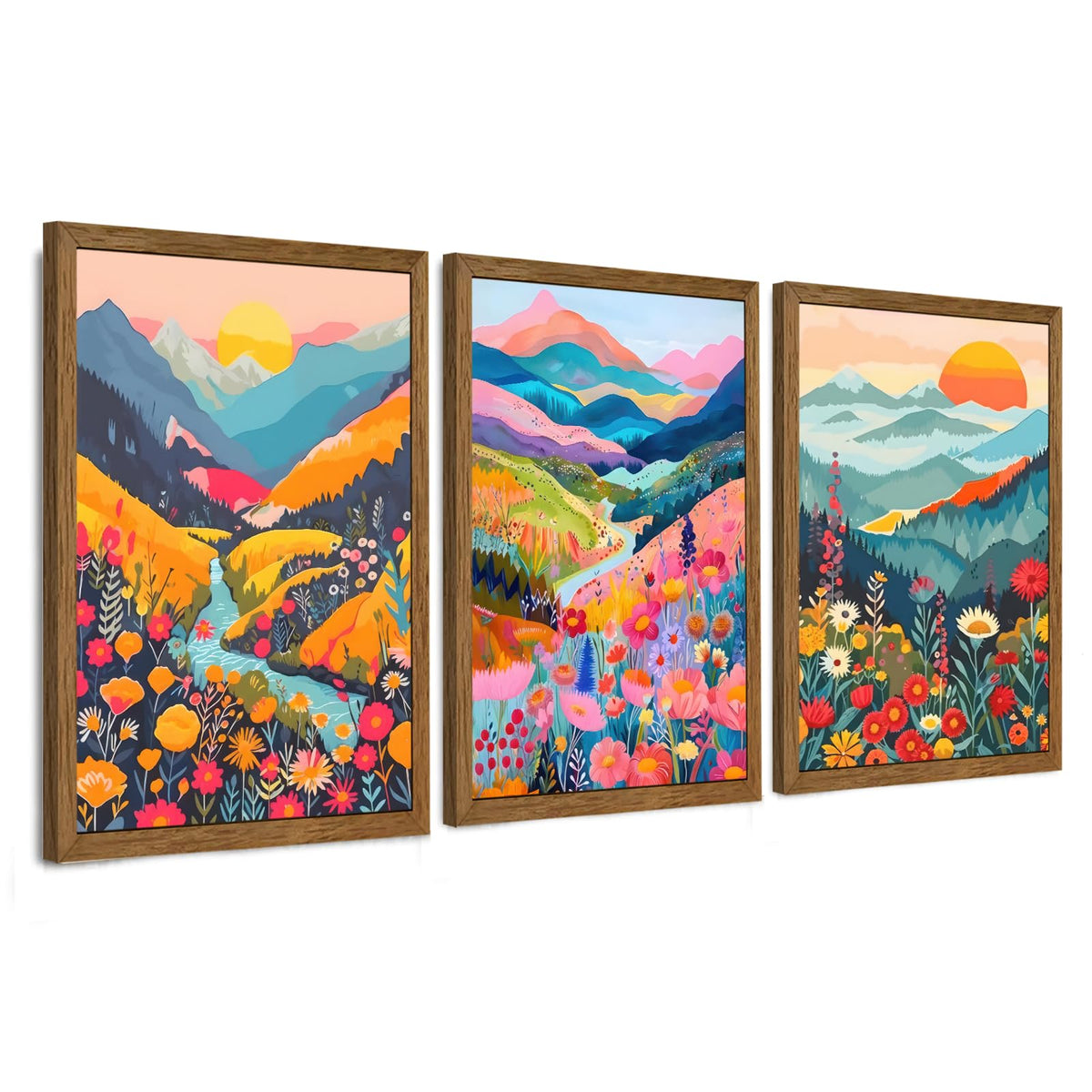 3 Piece Wildflower Mountain Wall Art Colorful Landscape Canvas Art 12x16in