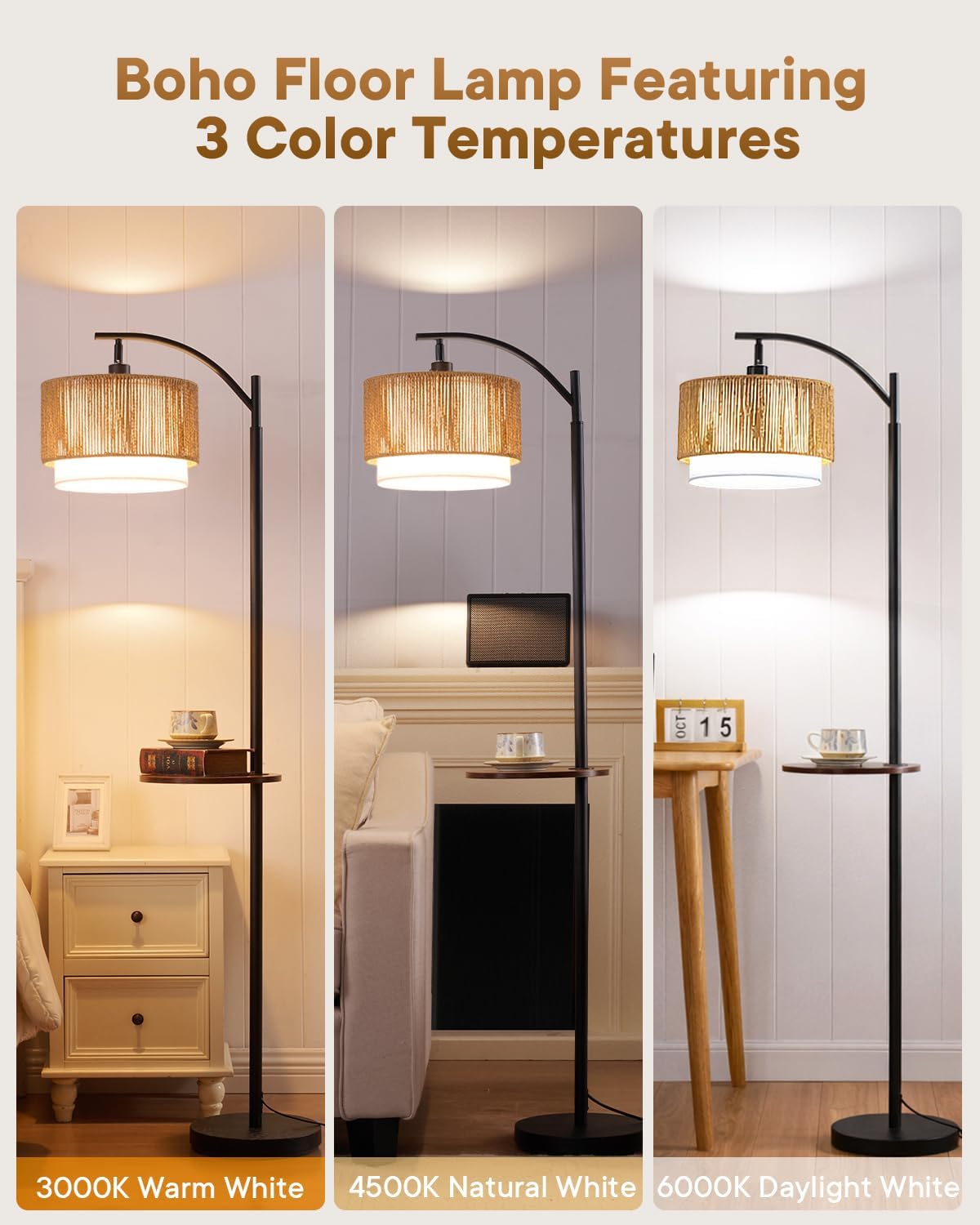 PESRAE Rattan Floor Lamp for Living Room, Farmhouse Arc Standing Lamp