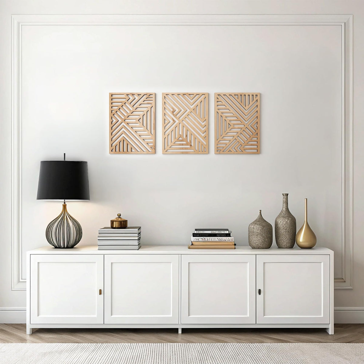 qmmp Modern Wooden Wall Sculptures - Set of 3 - Home Decor Accent - Large Wall Art for Living Room, Bedroom, Office - Easy Installation (Oak, Medium - Mountain and Sun)