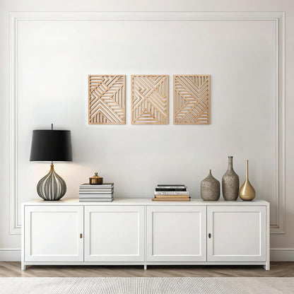 qmmp Modern Wooden Wall Sculptures - Set of 3 - Home Decor Accent - Large Wall Art for Living Room, Bedroom, Office - Easy Installation (Oak, Medium - Mountain and Sun)