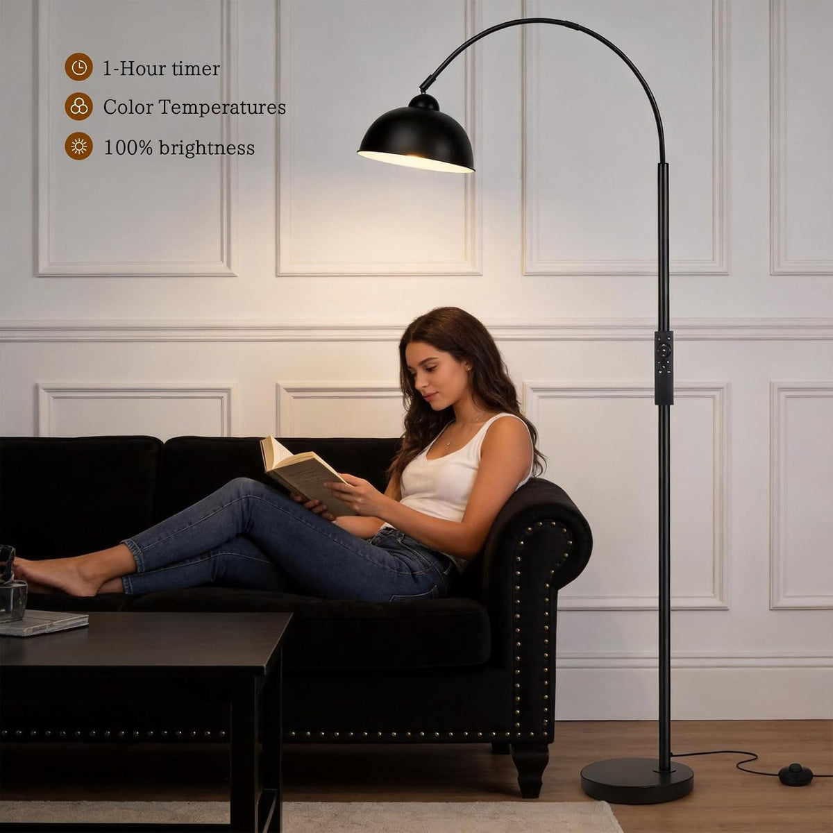 Modern Arc Floor Lamp with Remote Control 12W Stepless Dimmable Arched Standing Lamp,Adjustable Metal Hanging Shade,Tall Over the Couch Pole Light for Living Room, Bedroom, Office (Black)