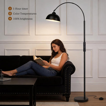 Modern Arc Floor Lamp with Remote Control 12W Stepless Dimmable Arched Standing Lamp,Adjustable Metal Hanging Shade,Tall Over the Couch Pole Light for Living Room, Bedroom, Office (Black)