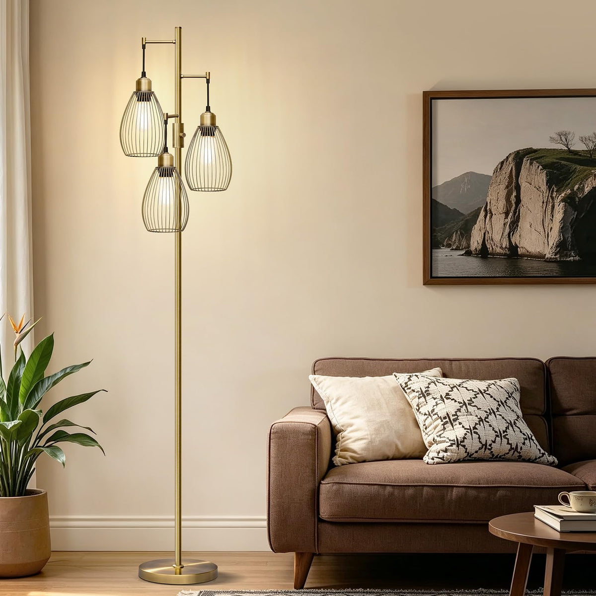 Dimmable Floor Lamp, 3 x 800LM LED Edison Bulbs Included, Farmhouse Industrial Floor Lamp Standing Tree Lamp with Elegant Teardrop Cage Tall Lamps for Living Room Bedroom Office Dining Room-Black