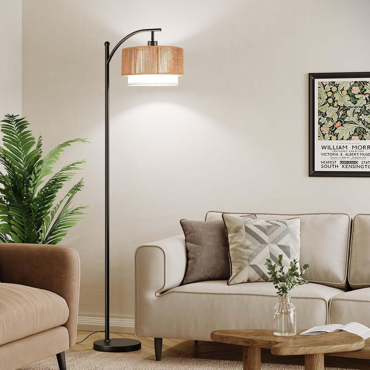 SUNMORY Arc Floor Lamps for Living Room, Rattan Standing lamp with 12W Bulb