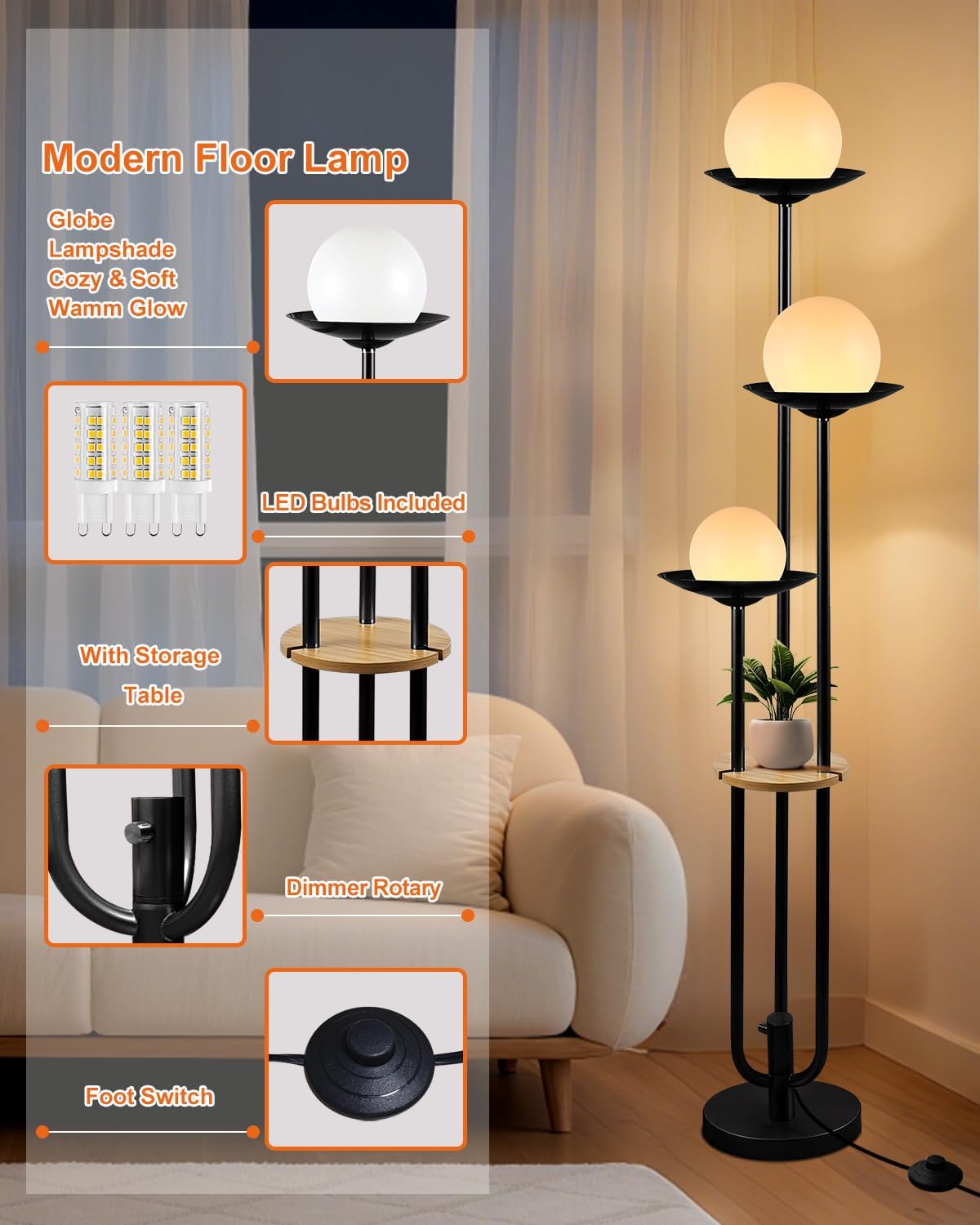 63IN Globe Floor Lamp with Table, 3-Lights Modern Dimmable Floor Lamps with 3000K Warm White Bulbs for Wedding/Party, Black Tall Standing Lamp with 5Lbs Heavy Base for Living Room/Bedroom