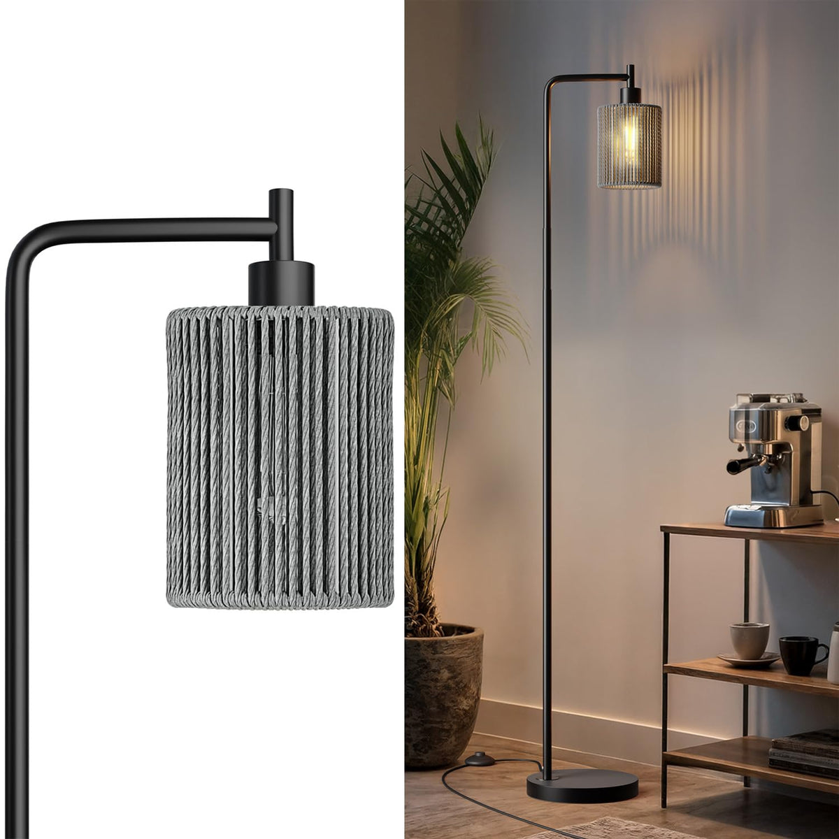Oneach 66" Gold Floor Lamp for Living Room, Boho Floor Lamp with LED Bulb, Foot Switch, Rattan Shade, Industrial Tall Farmhouse Standing Lamp for Bedroom, Dining Room, Study Room, Office