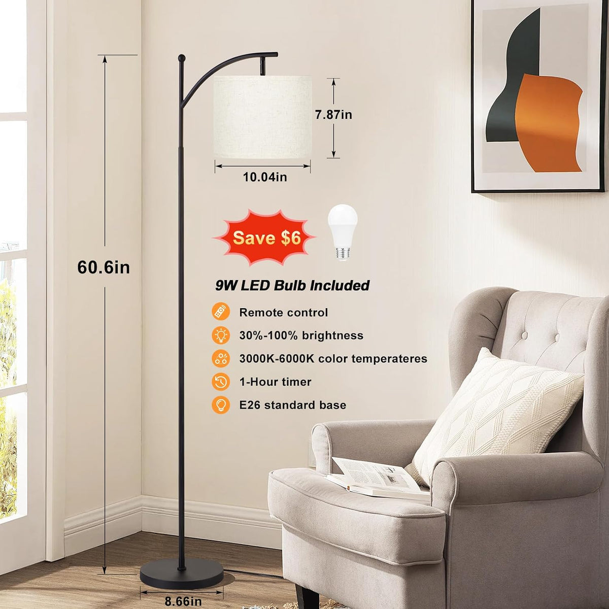 Ambimall 60" Floor Lamp with Remote and Stepless Dimmable Bulb, Black Pole