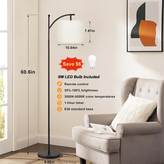 Ambimall 60" Floor Lamp with Remote and Stepless Dimmable Bulb, Black Pole