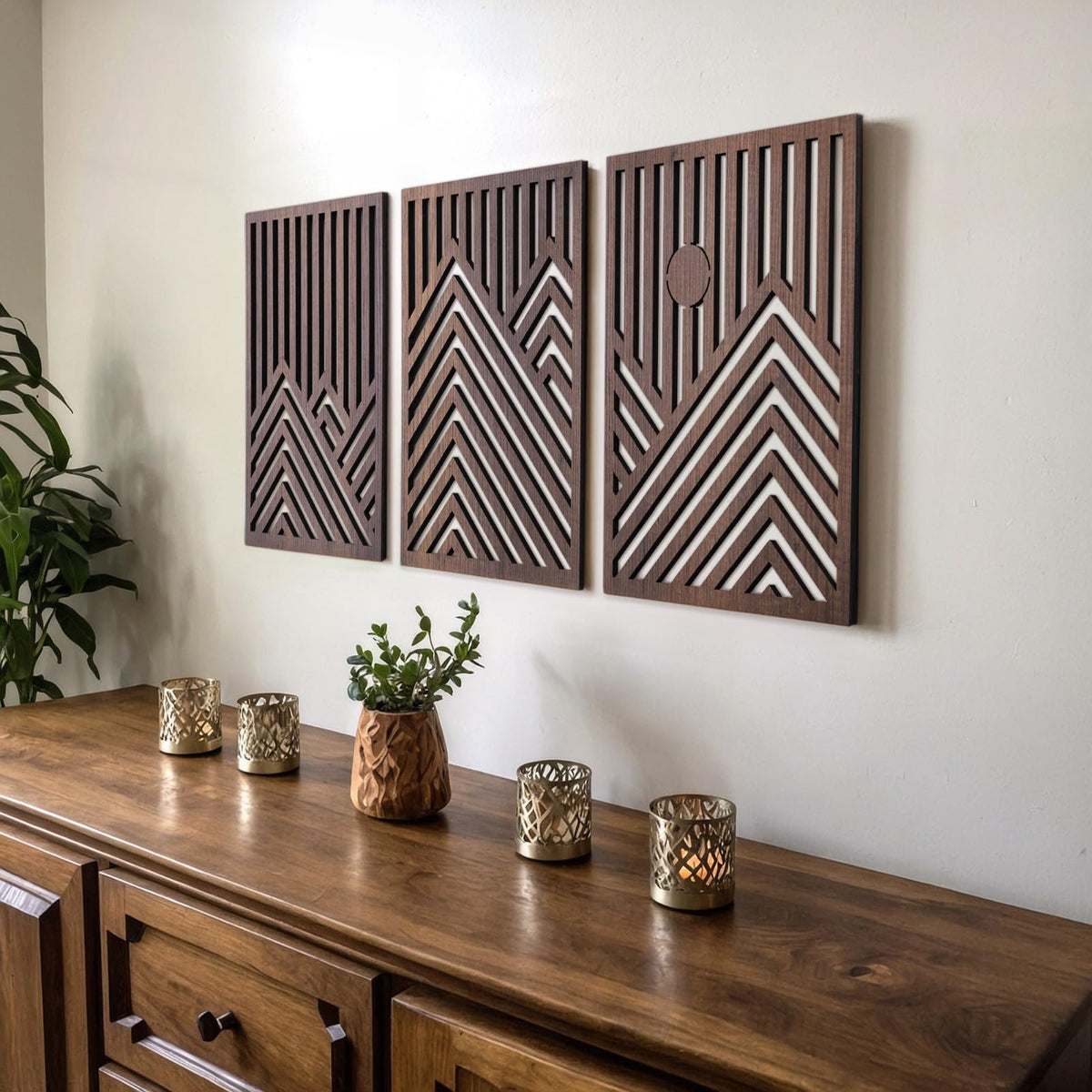 qmmp Modern Wooden Wall Sculptures - Set of 3 - Home Decor Accent - Large Wall Art for Living Room, Bedroom, Office - Easy Installation (Oak, Medium - Mountain and Sun)