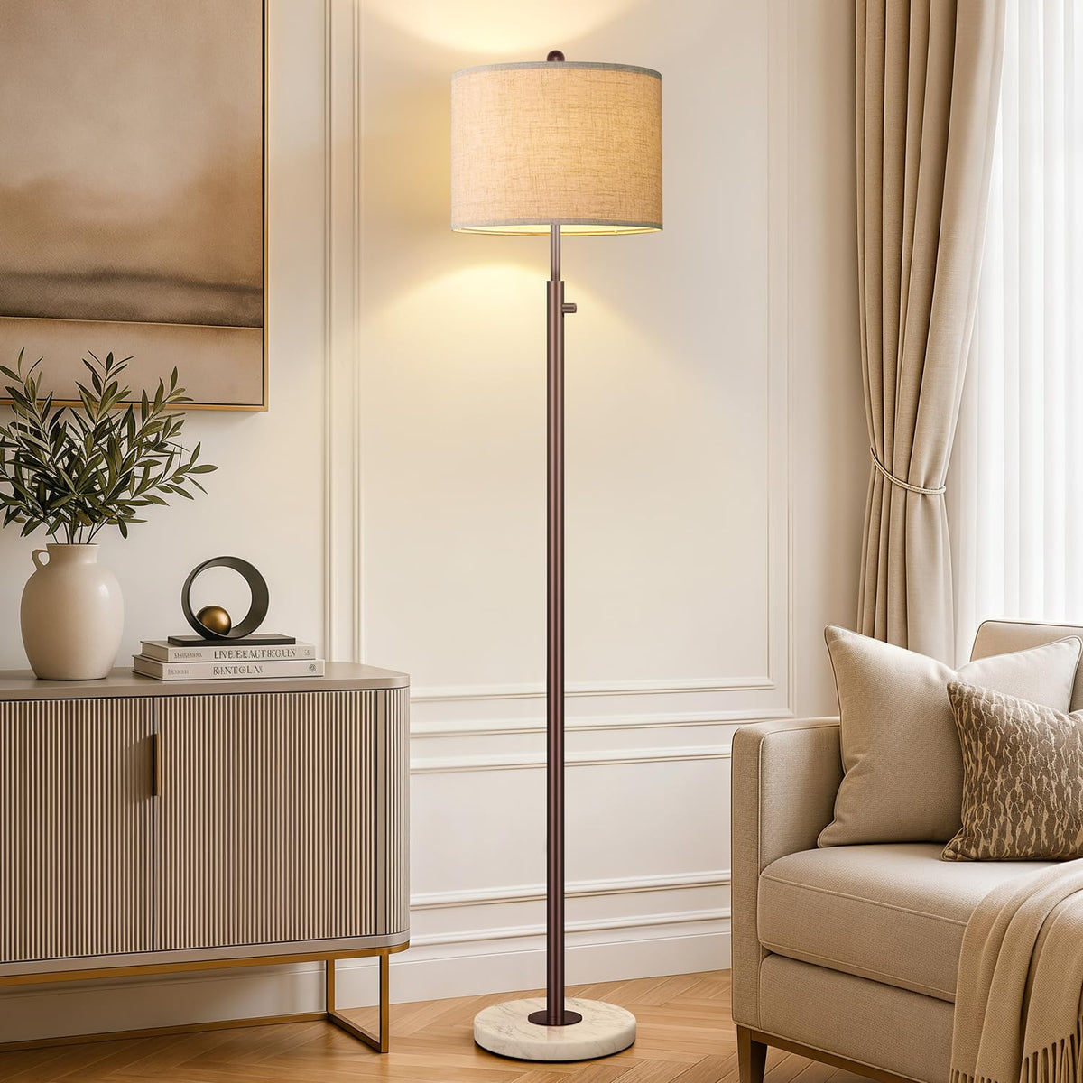 Nintiue Dimmable Gold Floor Lamp, Turkish Marble Base, White Linen Shade