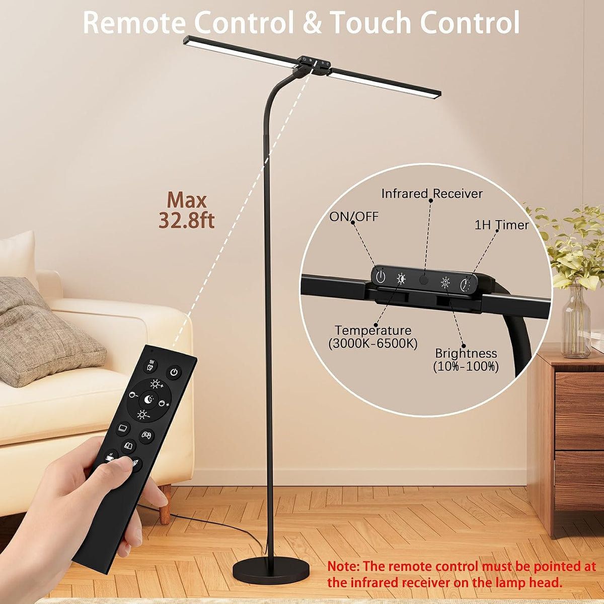 SIBRILLE 24W LED Floor Lamp, Dual Head Dimmable Modern Reading Lamp, Standing Lamp with Remote & Touch Control, Adjustable Gooseneck, Eye Caring Tall Lamp for Living Room, Bedroom, Office & Crafts