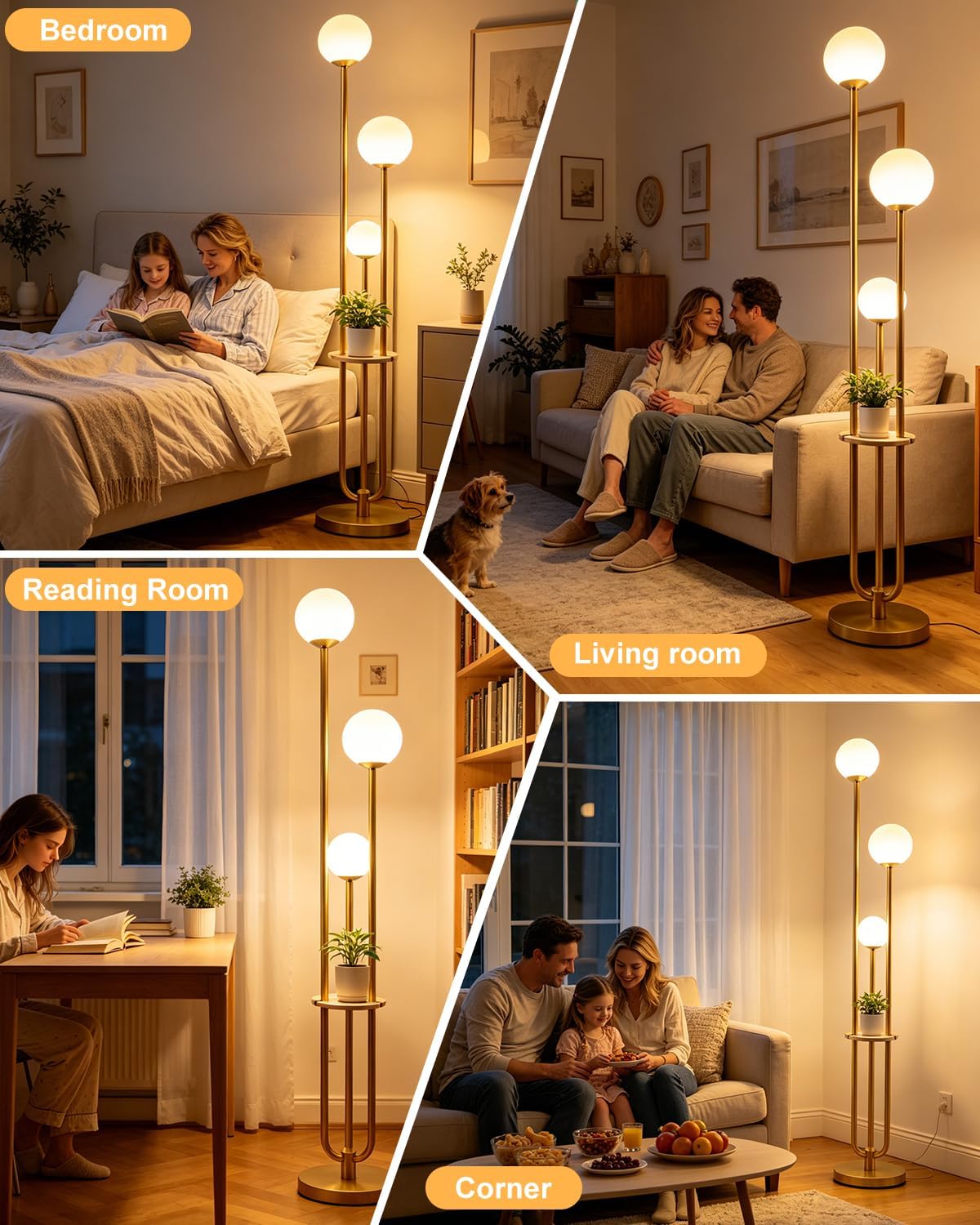 Lightdot 63IN Dimmable Gold Floor Lamp with Shelf Mid Century Standing Lamps with 3000K Bulbs Included Modern Globe Floor Lamp with 5Lbs Heavy Base for Living Room/Party/Sofa Beside/Corner Decor