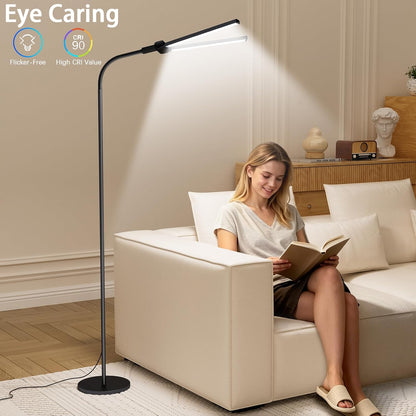 SIBRILLE 24W LED Floor Lamp, Dual Head Dimmable Modern Reading Lamp, Standing Lamp with Remote & Touch Control, Adjustable Gooseneck, Eye Caring Tall Lamp for Living Room, Bedroom, Office & Crafts