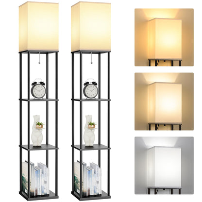 Floor Lamp with Shelves, 3-Tier Modern Square Bookshelf Standing Lamp Black