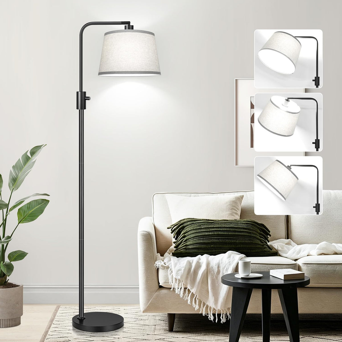 Nintiue 【Upgraded】 Dimmable Floor Lamp, 1000 Lumens LED Bulb Included, Arc Floor Lamps for Living Room Modern Standing Lamp with Linen Shade, Tall Lamp for Bedroom Office Reading Dining Room- Black