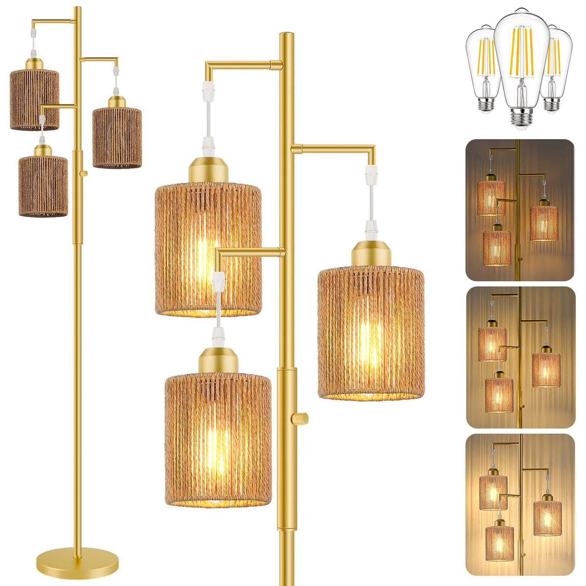 Hotsonic 72" Boho Rattan Tree Floor Lamp, Tall Dimmable Industrial Standing Lamp, Corner Decor Accent Lighting for Living Room, Bedroom, Dining Room, Nursery, Cafe (3 x 800LM Bulbs Included) - Black