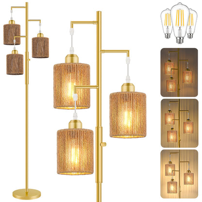 Hotsonic 72" Boho Rattan Tree Floor Lamp, Tall Dimmable Industrial Standing Lamp, Corner Decor Accent Lighting for Living Room, Bedroom, Dining Room, Nursery, Cafe (3 x 800LM Bulbs Included) - Black