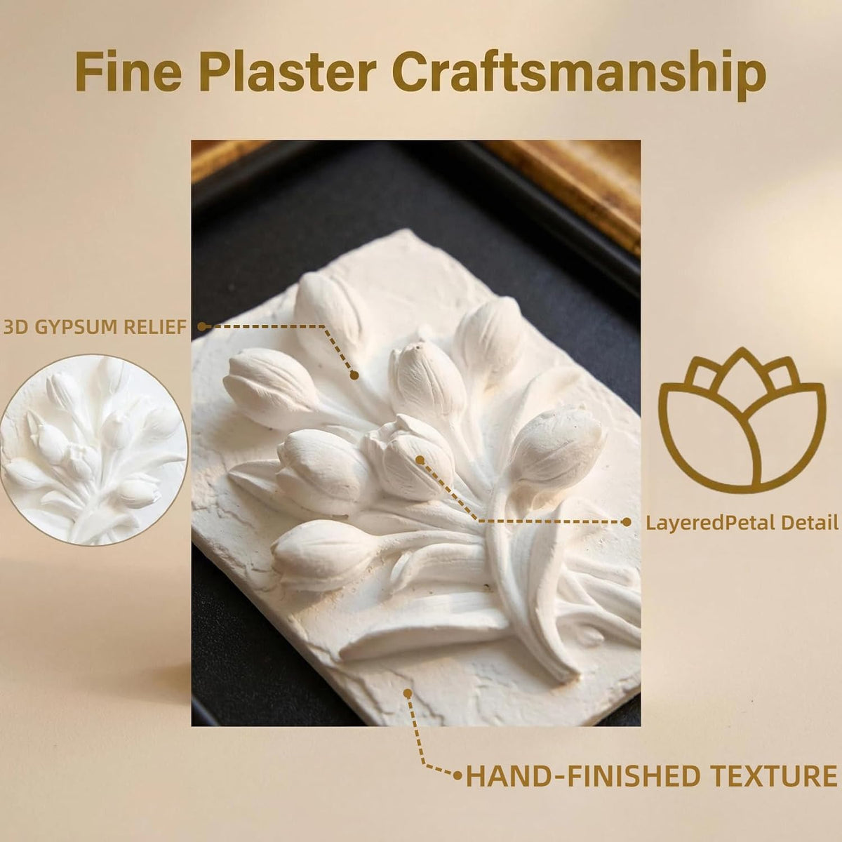Tulip 3D Sculpture Wall Art, Statue Frame Gypsum Relief Wall Decoration