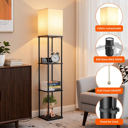 Floor Lamp with Shelves, 3-Tier Modern Square Bookshelf Standing Lamp Black